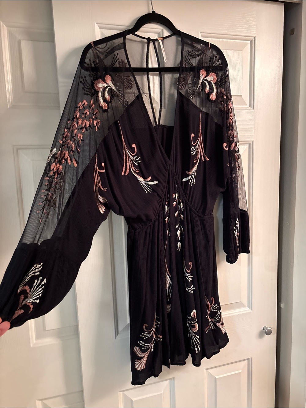 Free People Black Romper Dress with Pink & Cream Embroidery